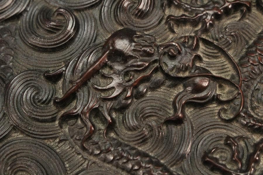 中国美術 紫檀 刻龍紋 四方蓋物(K-A834)