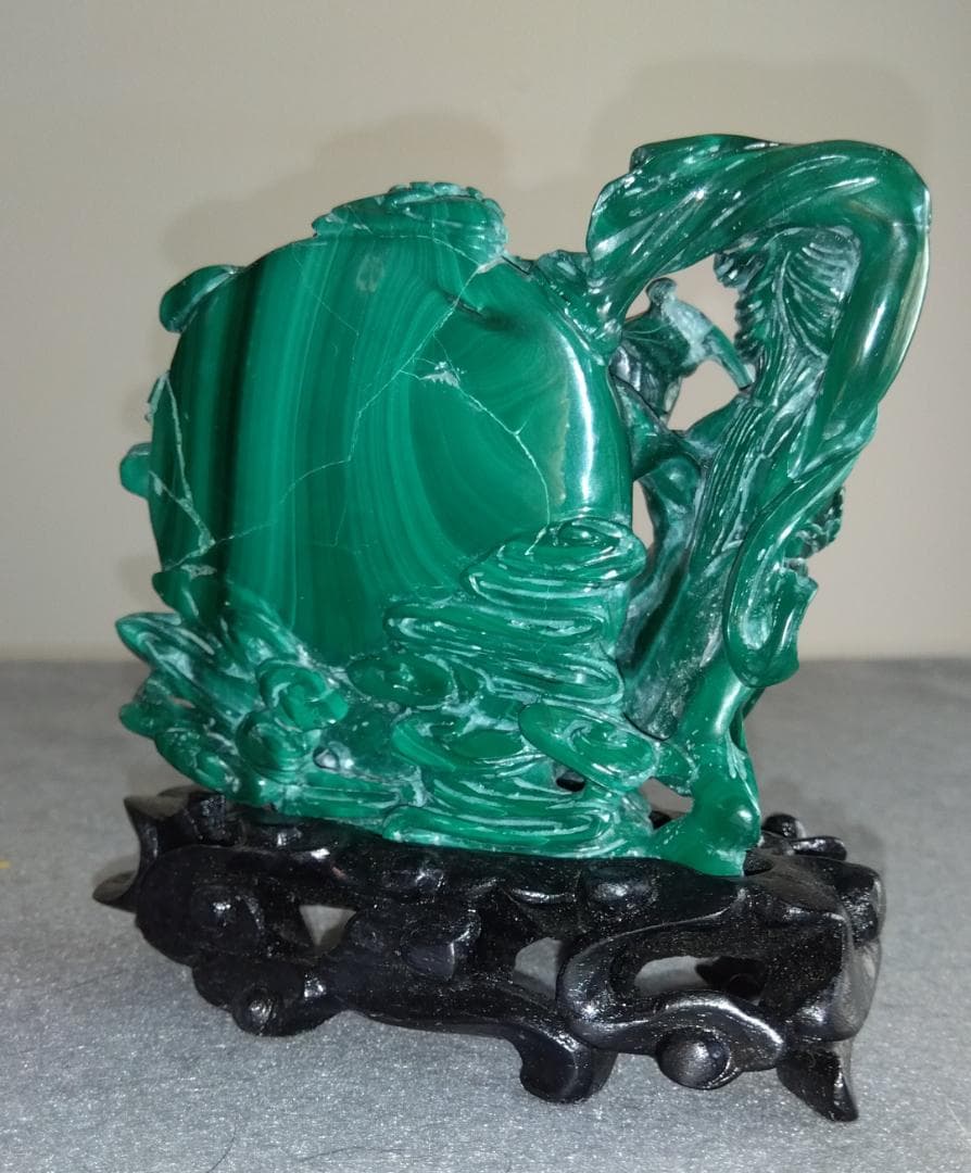 クジャク石【マラカイト】吉祥天女像台座 極細工 逸品 置物