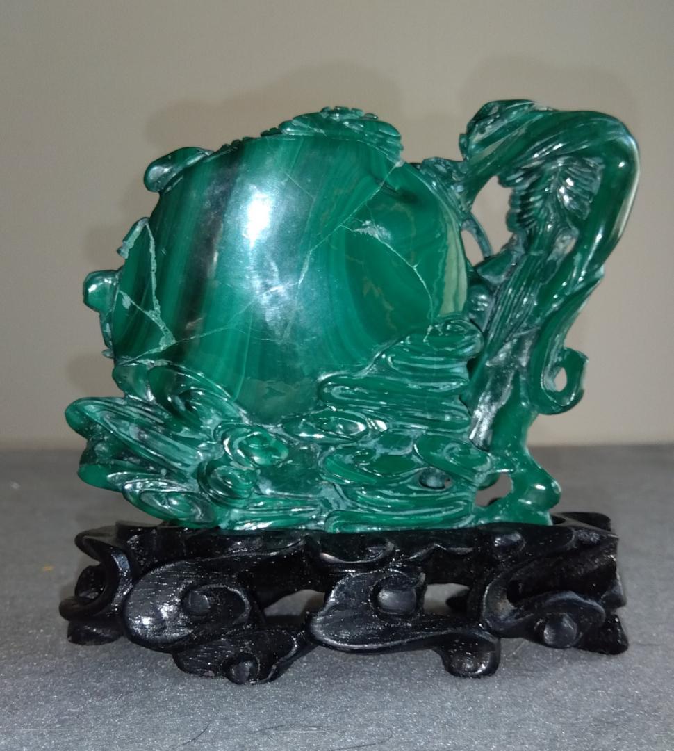 クジャク石【マラカイト】吉祥天女像台座 極細工 逸品 置物