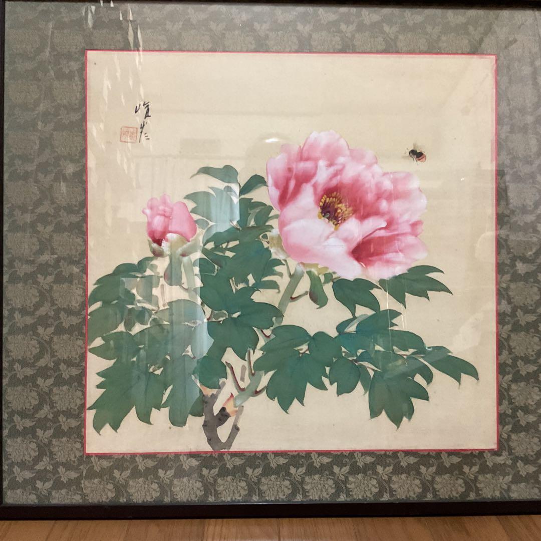 作者名不詳 絹本彩色画 花鳥図【 牡丹の花に蜂図 】 額装仕立て