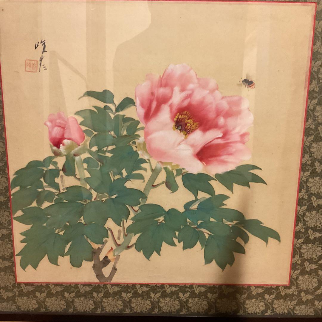 作者名不詳 絹本彩色画 花鳥図【 牡丹の花に蜂図 】 額装仕立て