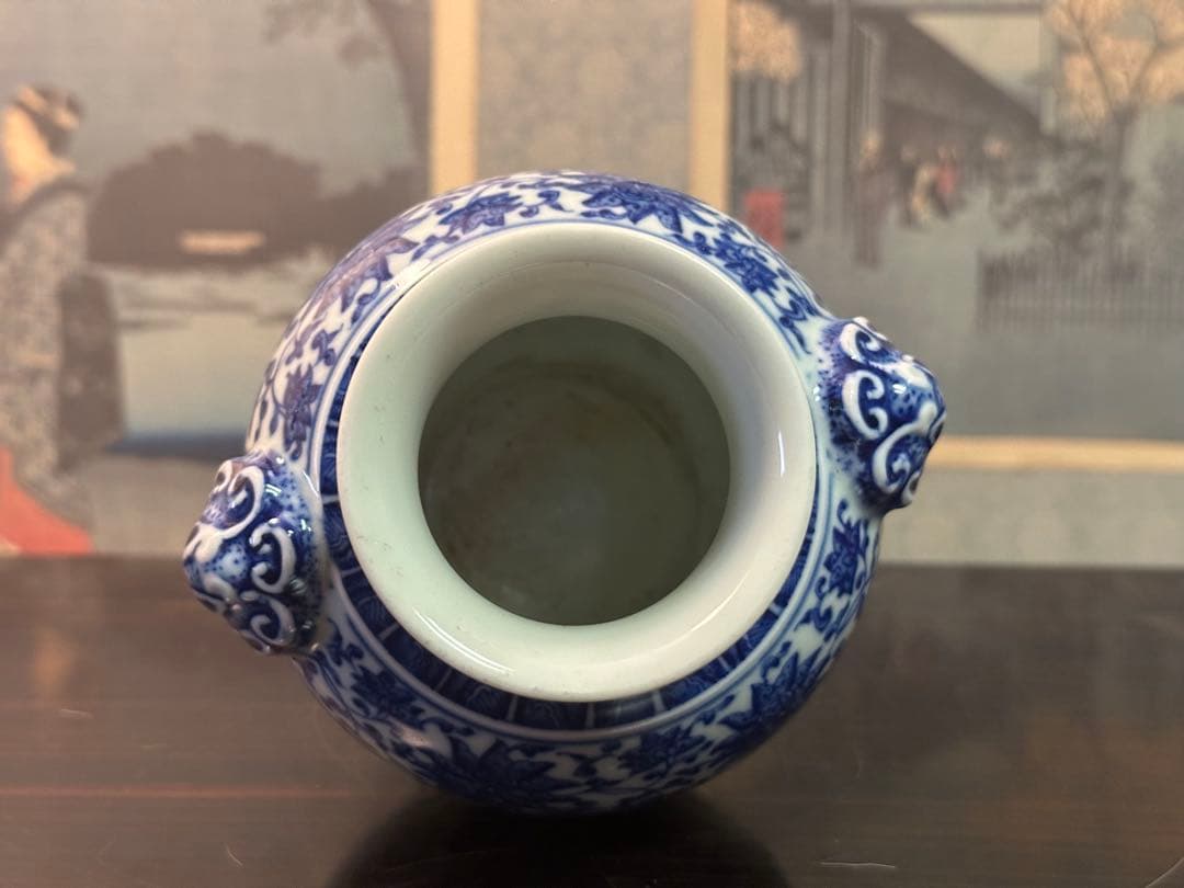 染付雙耳小壺 大清乾隆年製 清花瓶 箱付 中國古美術 高 15cm