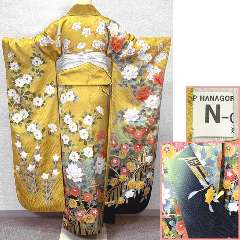 411z3〇高身長な方にも 振袖 地紋 金彩 刺繍 黄色〇美品 成人式 結婚式