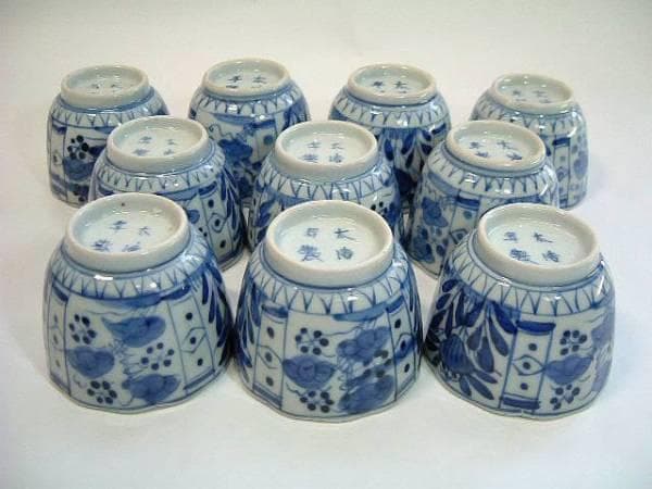 蕎麦猪口■古い伊万里染付花唐草蕎麦猪口10客「太清年製」酒器 ソバチョコ 時代物