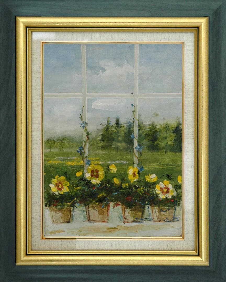 油絵 菅家令子 絵 絵画 インテリア 額付(銀) F4-070402 窓辺の花