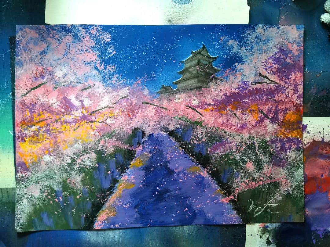 夜桜と城のスプレーアート原画