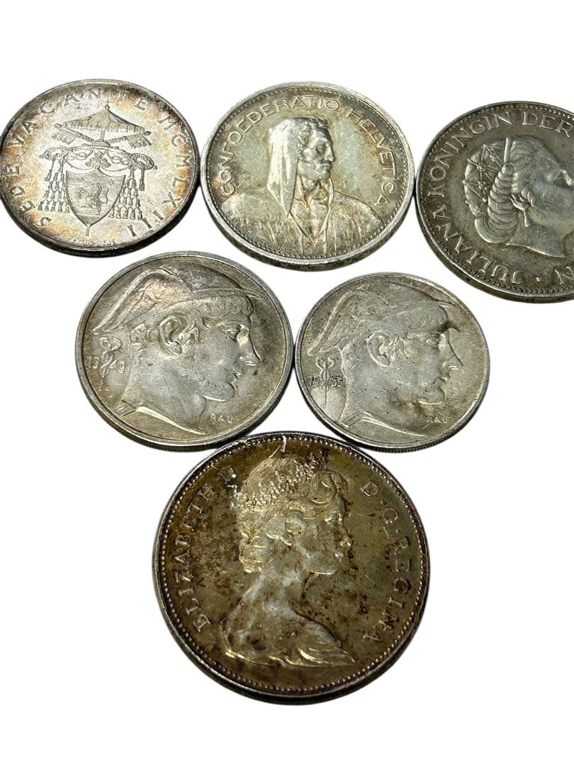 銀貨6枚セット ベルギー50フラン銀貨 カナダ100周年1ドル銀貨など