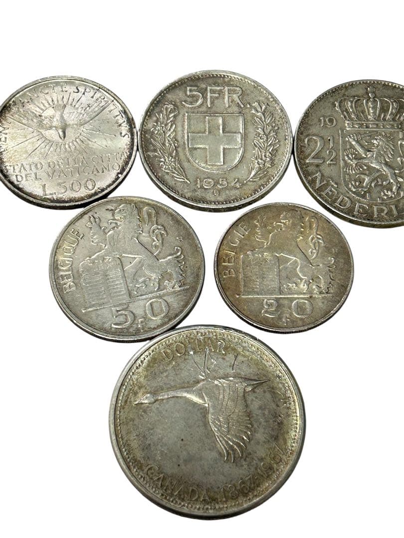 銀貨6枚セット ベルギー50フラン銀貨 カナダ100周年1ドル銀貨など