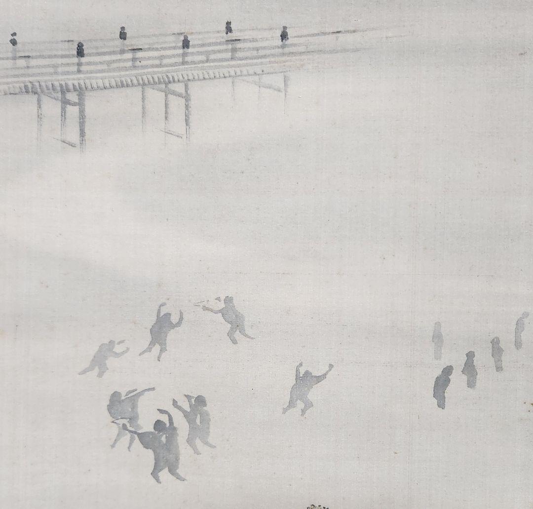 【四条河原夕涼み図】大崎晴山 1013 京都鴨川床 共箱 掛け軸 肉筆 涼し掛