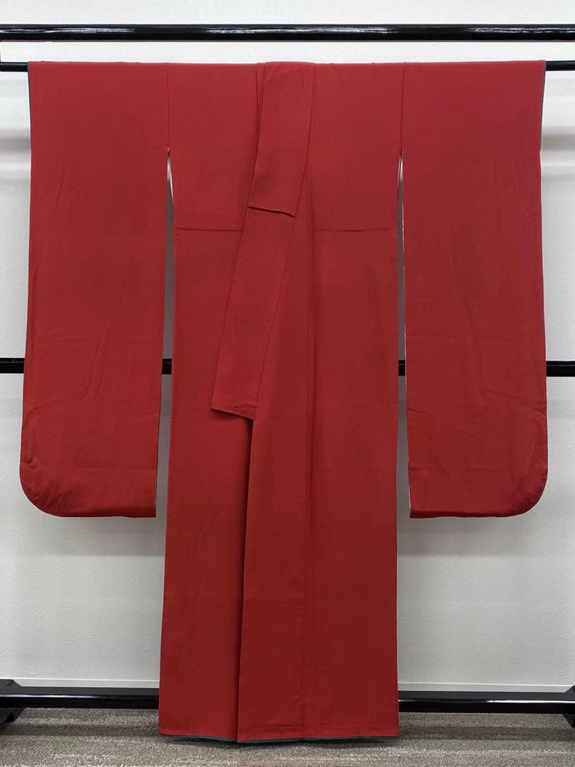 無地振袖 シンプル ちりめん 茜色系 身丈155cm