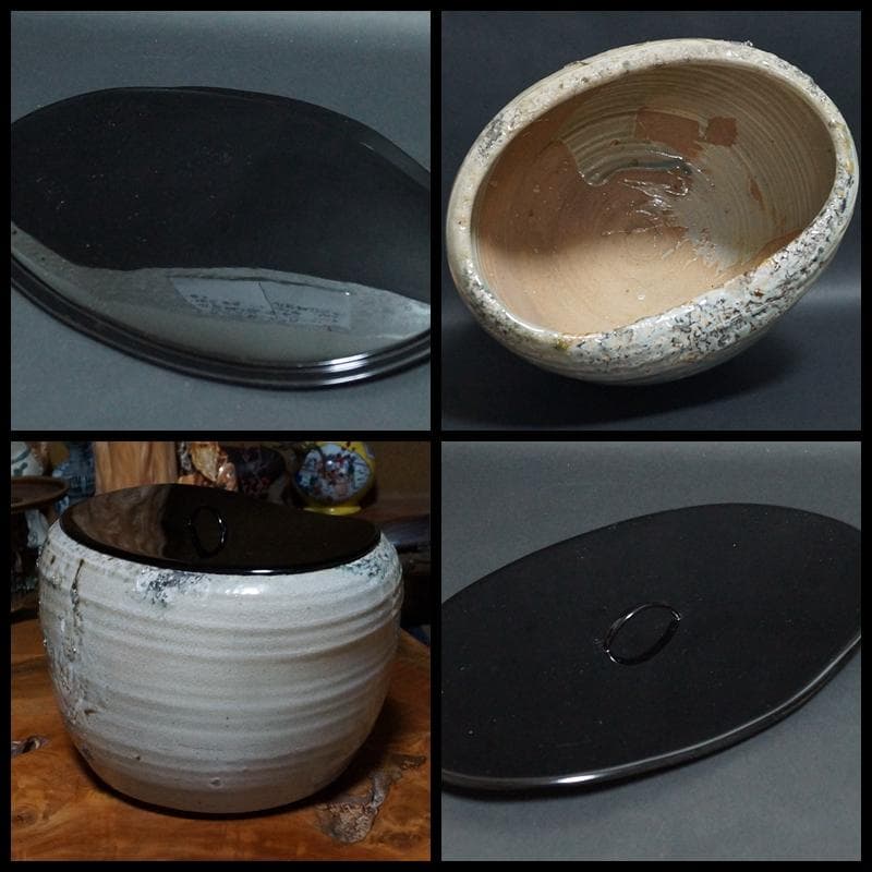 萩焼 大型 水指 木製蓋 三つ足 在銘 / 茶事 茶道具