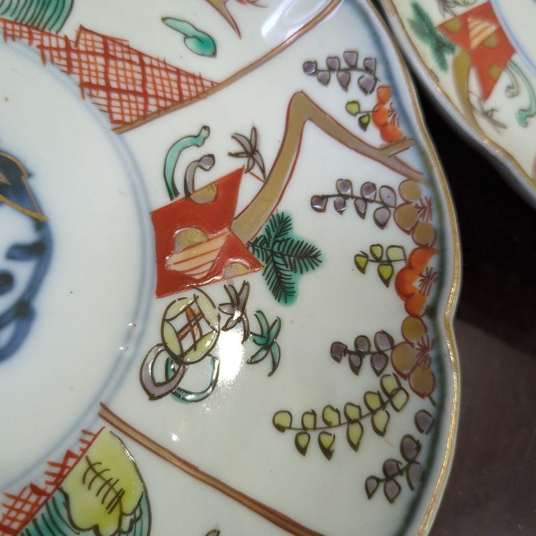 骨董 古伊万里 七寸皿 22cm 色絵 中皿 陶器 皿 金彩 アンティーク ５枚