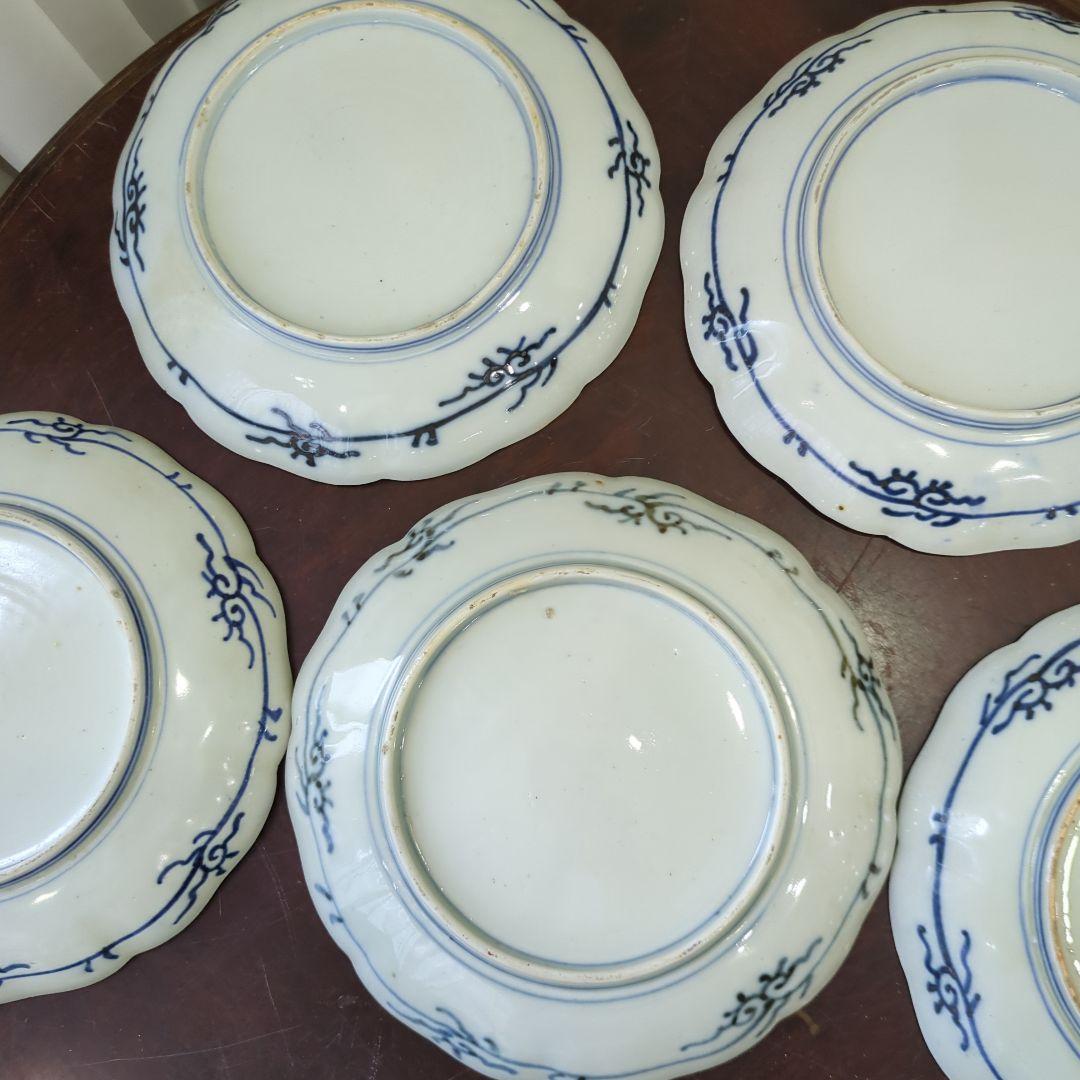 骨董 古伊万里 七寸皿 22cm 色絵 中皿 陶器 皿 金彩 アンティーク ５枚