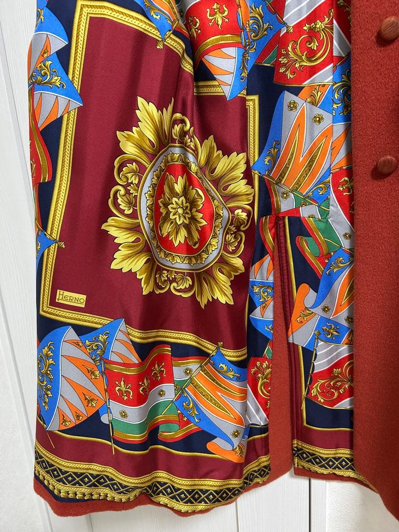 美品イタリア製HERNOヘルノベルト付き裏地プリントロングコート42 モヘアラマ