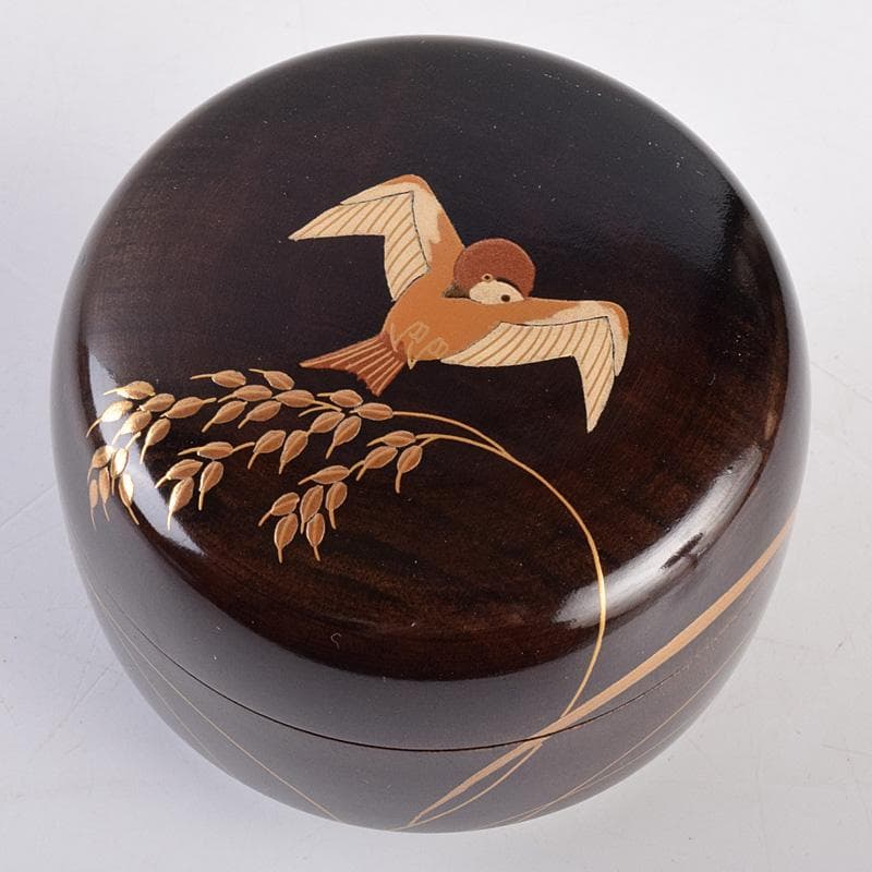 茶道具　山中塗　中村宗悦作　桜材　神代塗　稲穂雀蒔絵　丸香合　共箱　VR8978