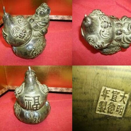 AKａ3667　大明宣徳年製 古銅 唐子置物人形