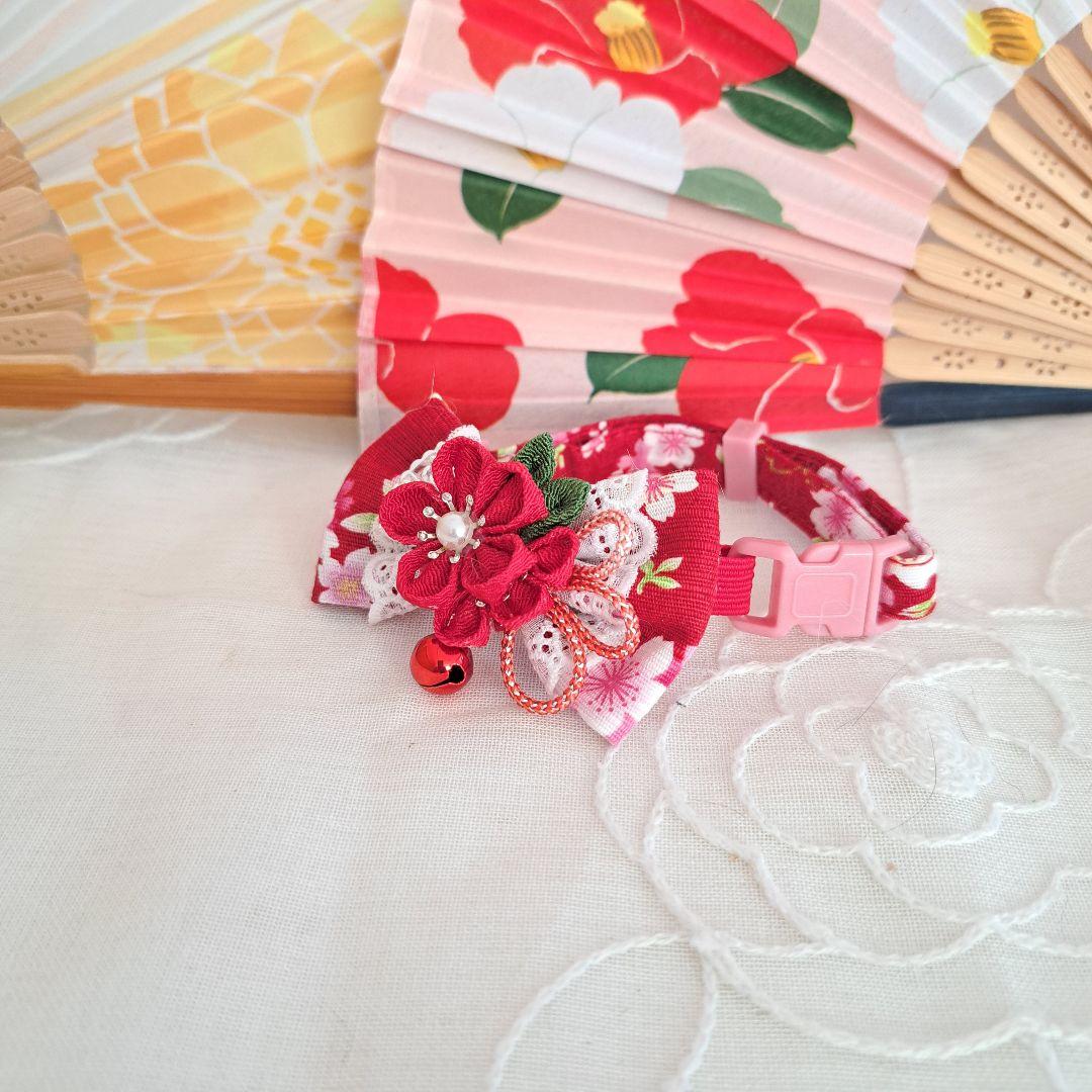 つまみ細工シングルリボン(赤)わんちゃん猫ちゃん用首輪