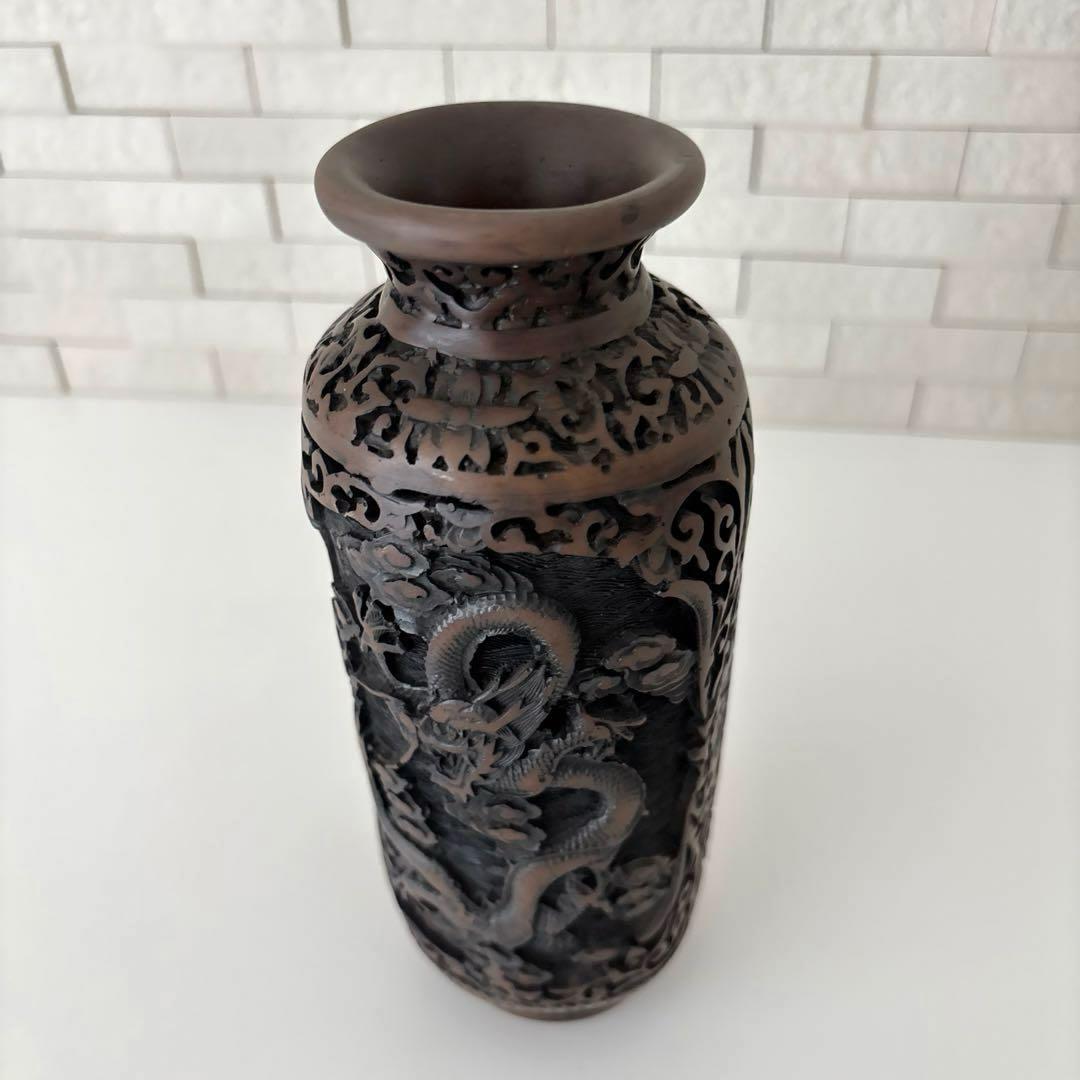 龍　花瓶　黒色花瓶　ドラゴン彫刻　一輪挿し　アンティーク　縁起物骨董品