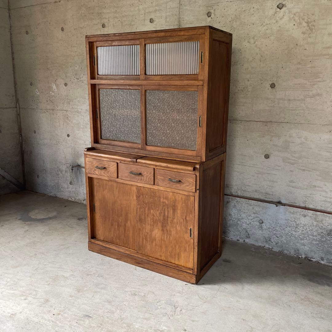 昭和レトロ　食器棚　置き台付き　希少な棚　ダイヤ&モールガラス　戸棚