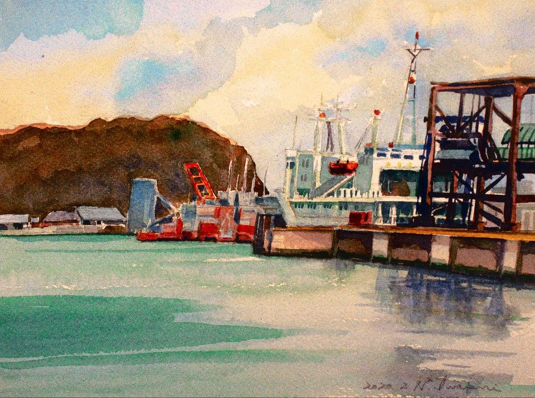 港の風景 水彩画額装済み F6サイズ