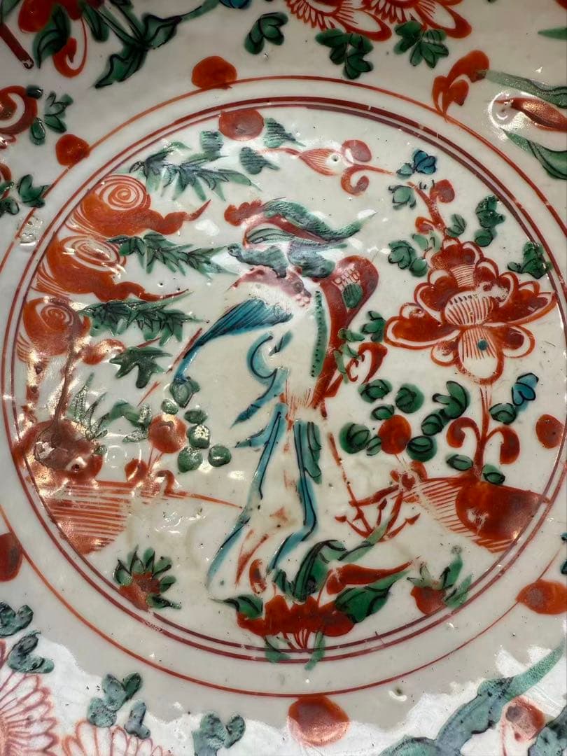 DT518 中国美術 呉須赤絵 鳳花紋皿 35.5cm 明末期 美品