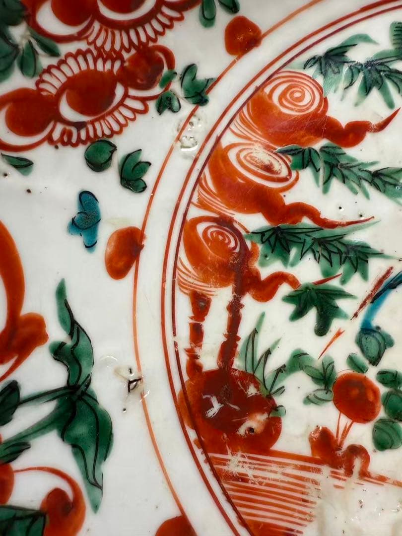 DT518 中国美術 呉須赤絵 鳳花紋皿 35.5cm 明末期 美品