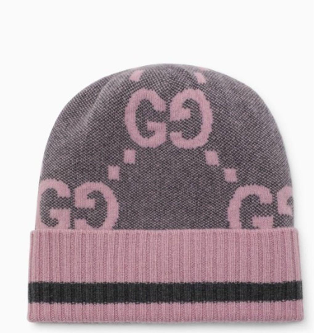 GUCCIニット帽グッチグレーピンク