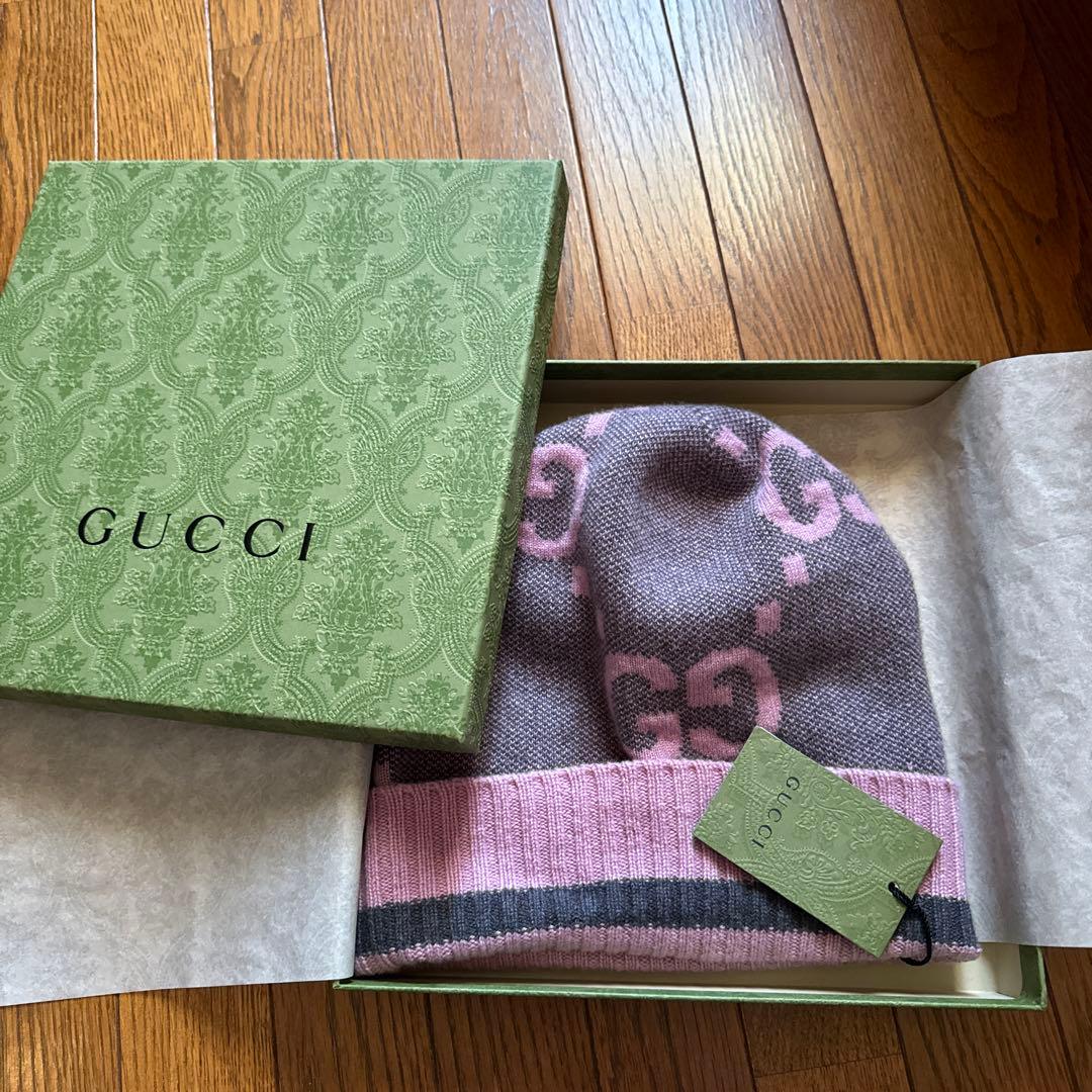 GUCCIニット帽グッチグレーピンク