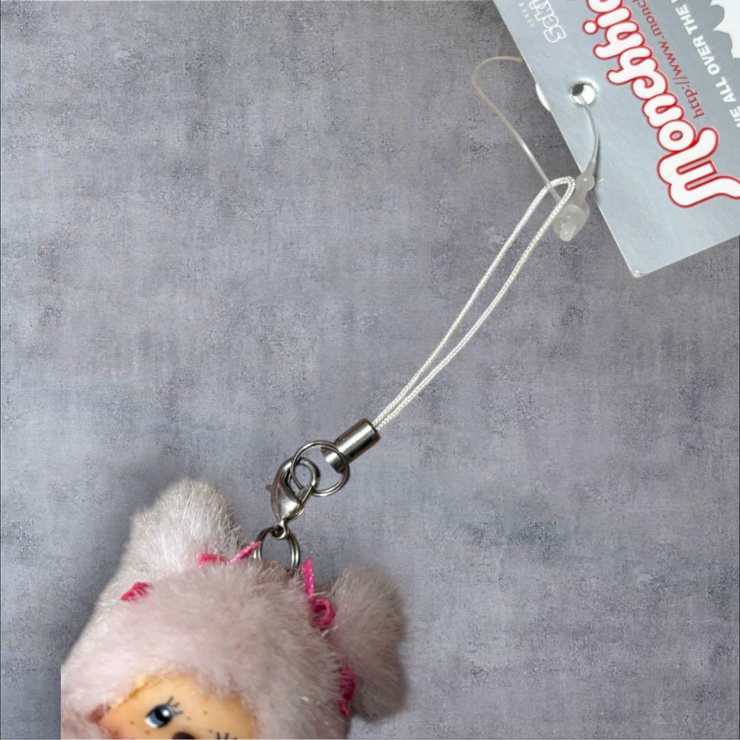 希少　モンチッチ 雪だるま リボンラメピンク ぬいぐるみキーホルダー ストラップ