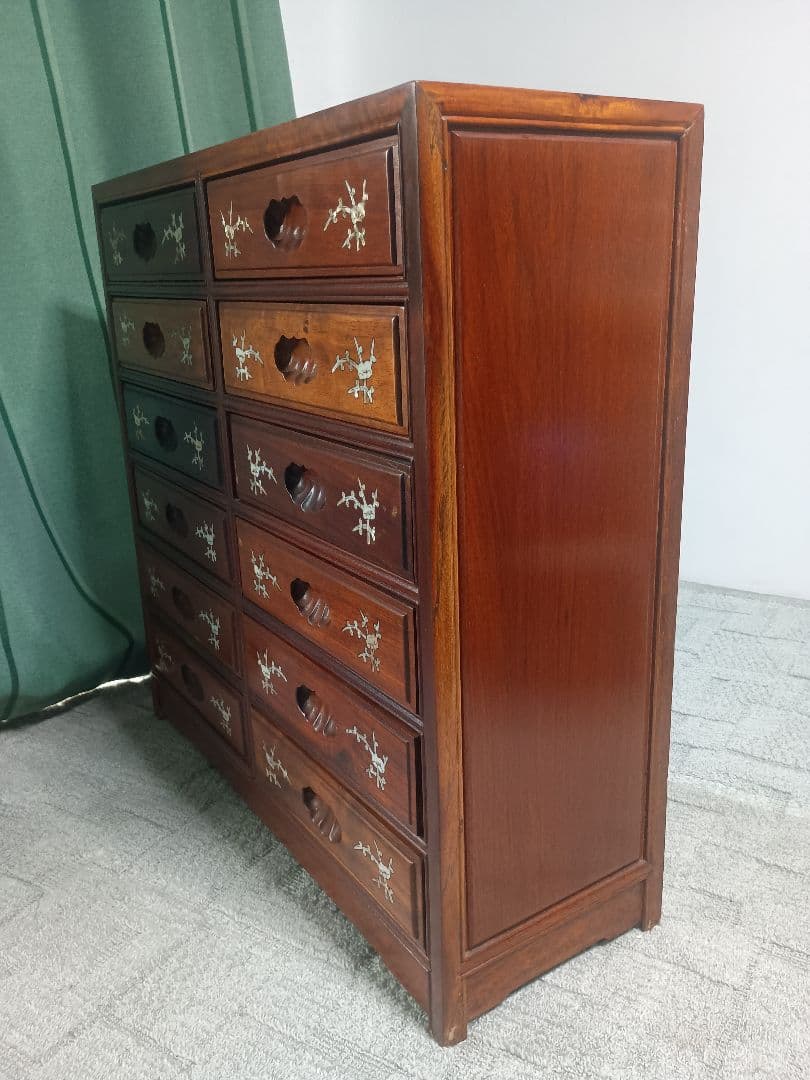 花梨材 棚 漆塗り 螺鈿細工 引出し付 収納家具