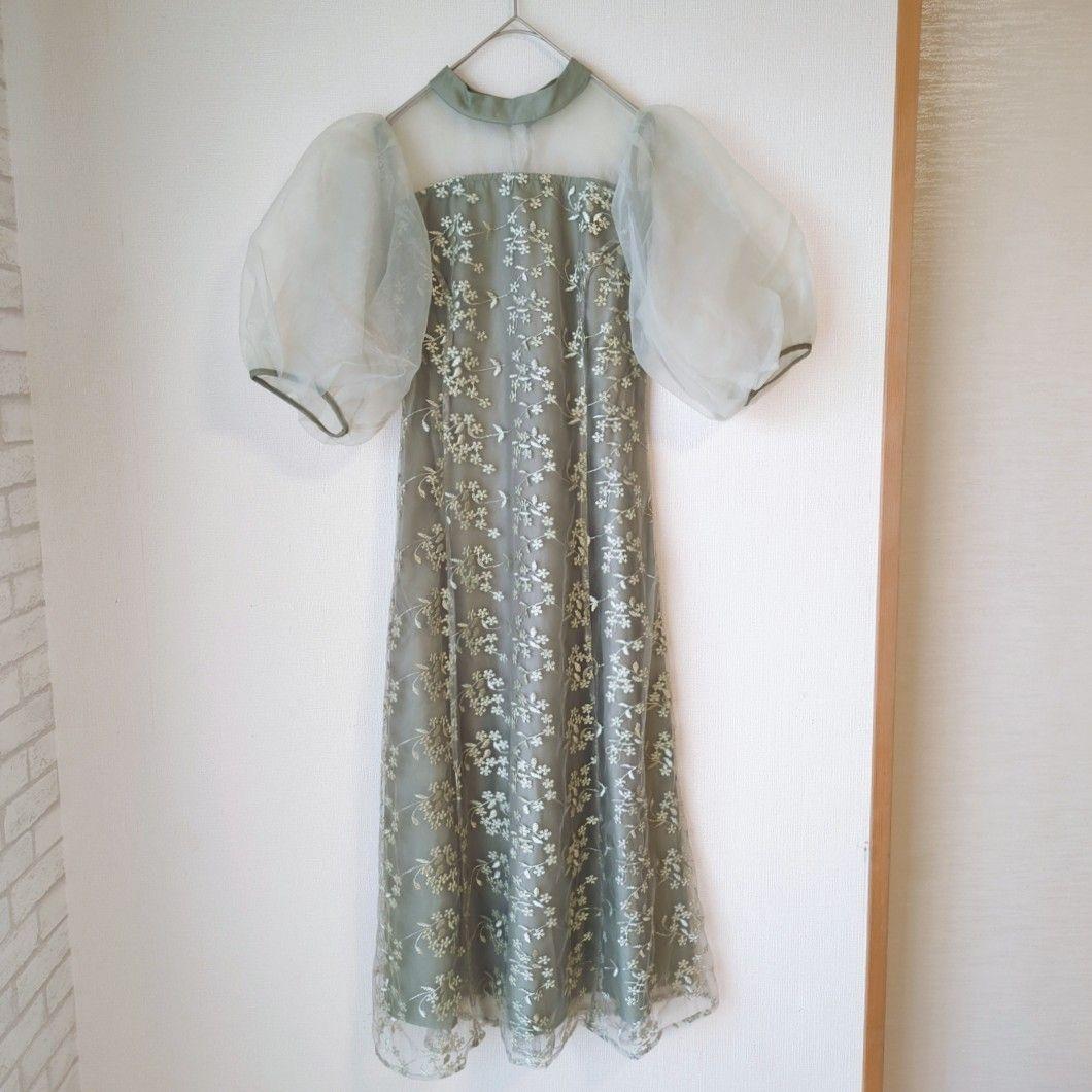 美品 niana ニアナ オーガンジーパフスリーブ刺繍レースドレス パーティー