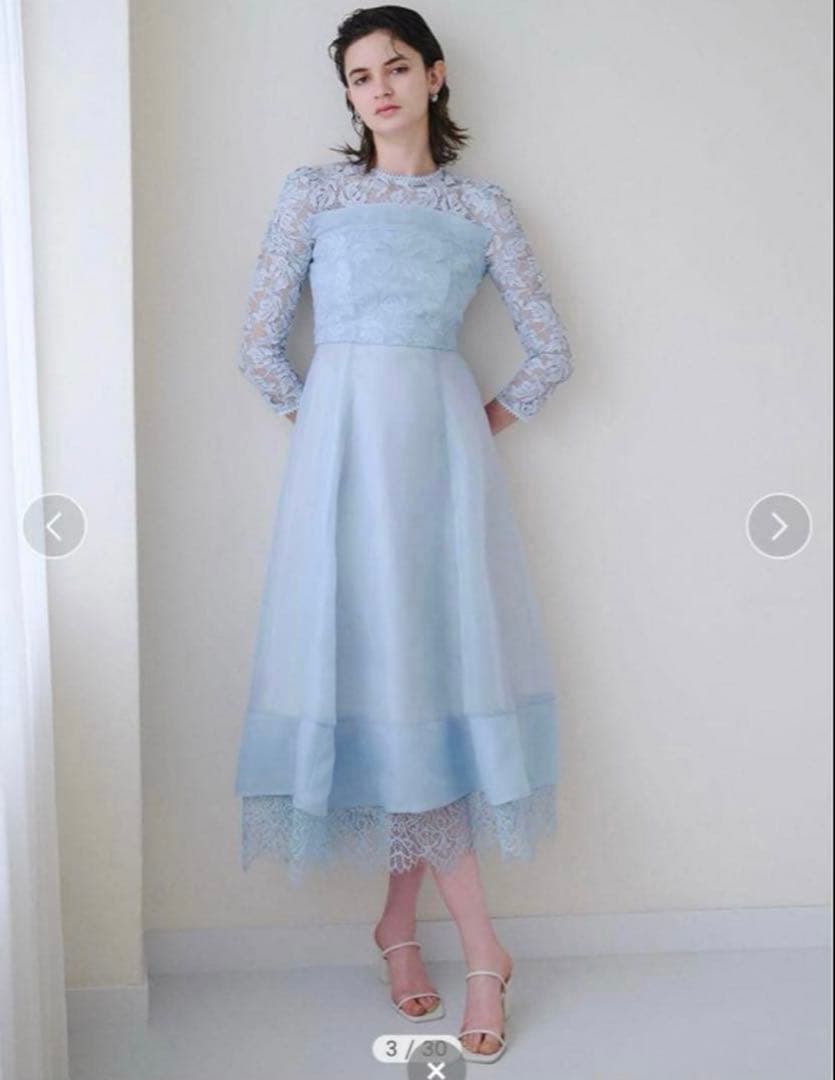 新品✨SNIDEL　ボリュームフレアレースドッキングドレス　結婚式　ライトブルー