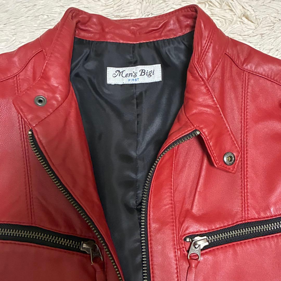 MEN'S BIGI 本革 羊革 ラムレザー 赤 レッド シングル ライダース