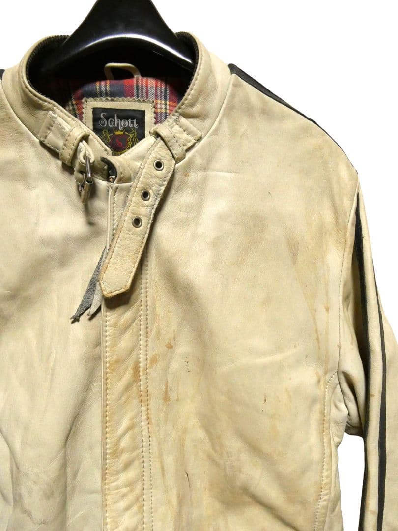 ショットクラシックレーサーLヴィンテージ加工ライン入りライダースアイボリー