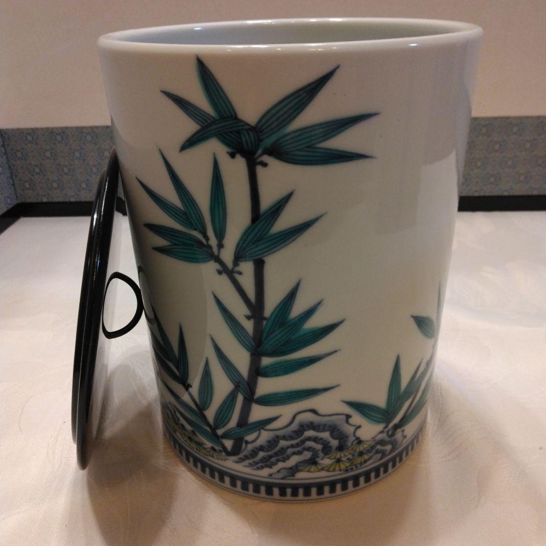 御室窯 色絵 岩竹 水指 一重口 塗蓋 共箱 茶道具