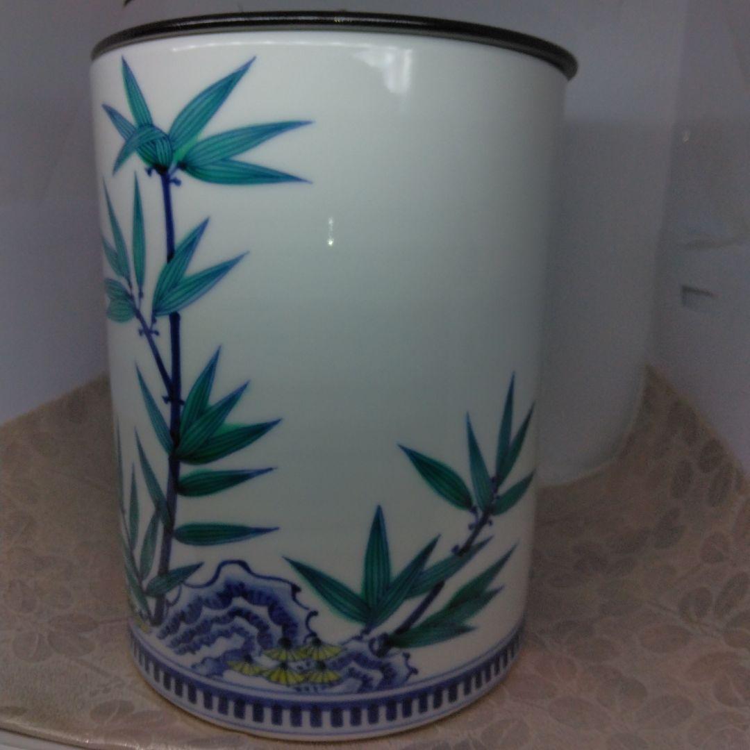 御室窯 色絵 岩竹 水指 一重口 塗蓋 共箱 茶道具