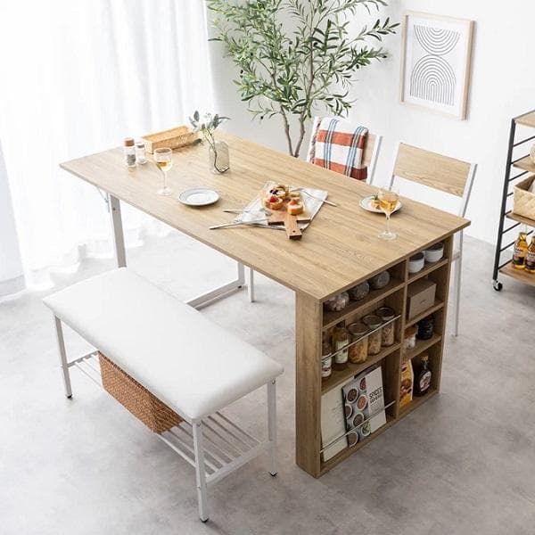 カフェ風 伸縮式 収納付 ダイニングセット 4点セット テーブル チェア ベンチ