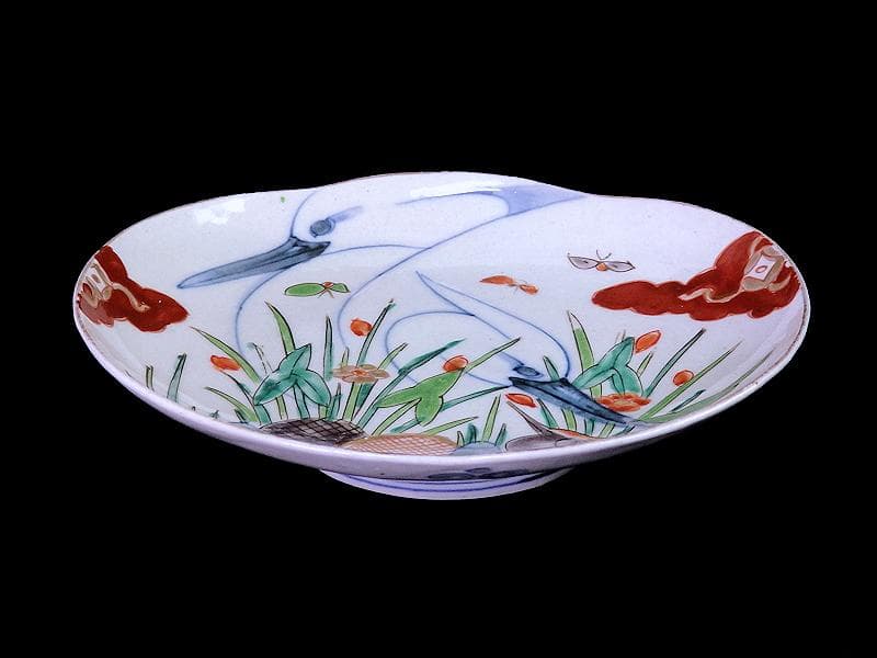 辻製　宮内庁御用達　色絵　双鷺に沢瀉の図　変形皿　５客　E943AS-fbrｍ