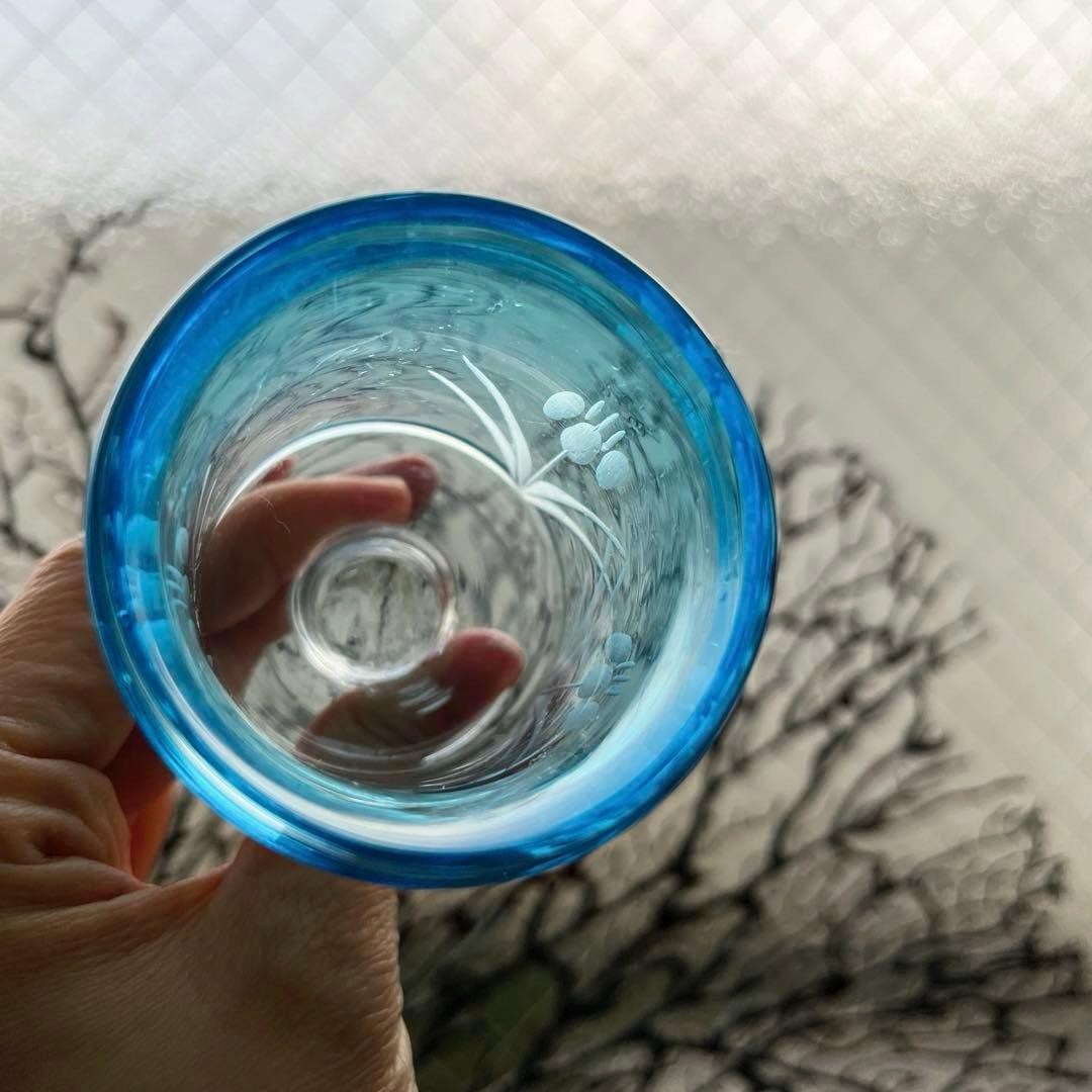 骨董　時代ガラス　青被せ　希少　菖蒲紋切子　ベル型氷コップ　ウラン１客