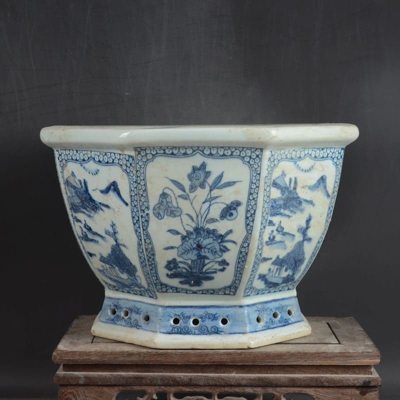 八方青花亭台楼高足鉢 景徳鎮 陶磁器 装飾品 現代工芸品 美術品 置物