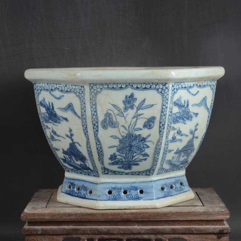 八方青花亭台楼高足鉢 景徳鎮 陶磁器 装飾品 現代工芸品 美術品 置物