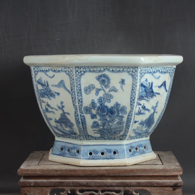 八方青花亭台楼高足鉢 景徳鎮 陶磁器 装飾品 現代工芸品 美術品 置物