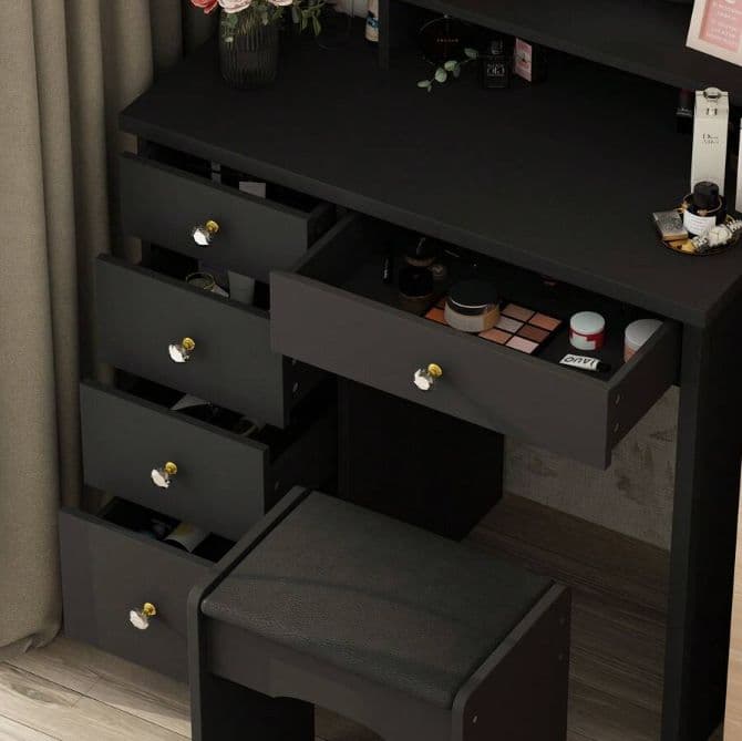 北欧風ドレッサー 円形女優ミラー 引き出し 5 杯 スツール付き 寝室化粧台