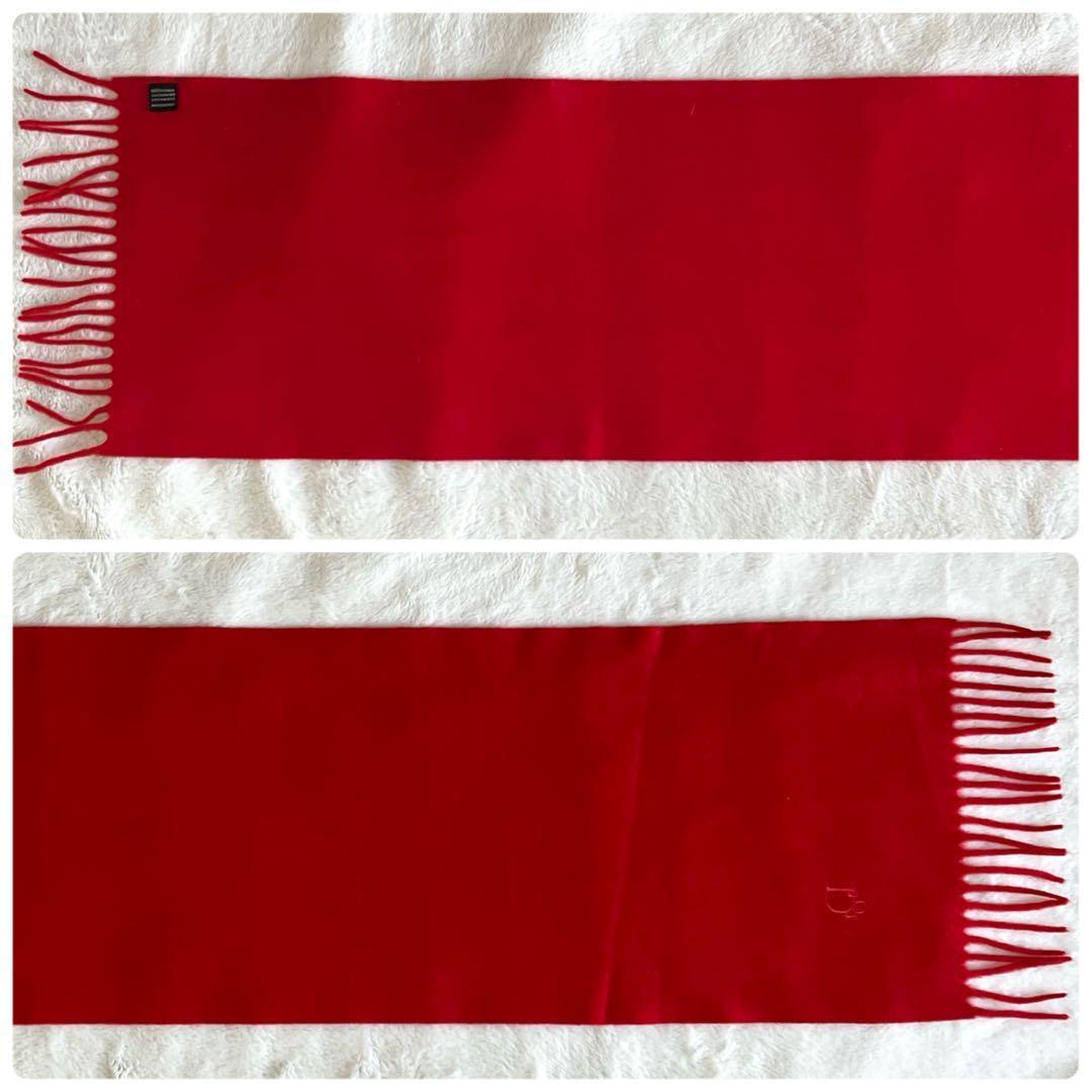 クリスチャンディオール カシミヤ100% ロゴ刺繍 フリンジマフラー レッド