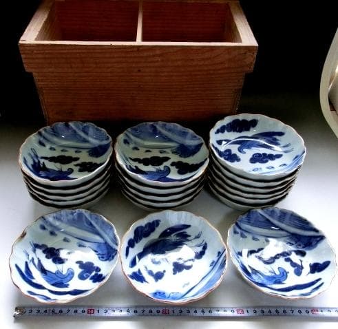 皿■古伊万里染付なます皿 19客 鶴 雲 鳥 蛇の目高台 古い膾皿 骨董品■