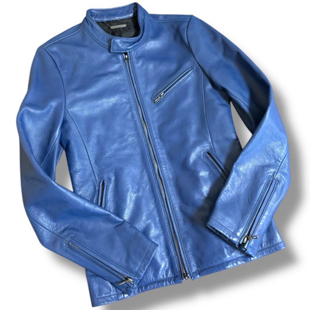 【美品】ゴスタールジフーガ★Y2K★牛革レザーシングルライダースジャケット青S