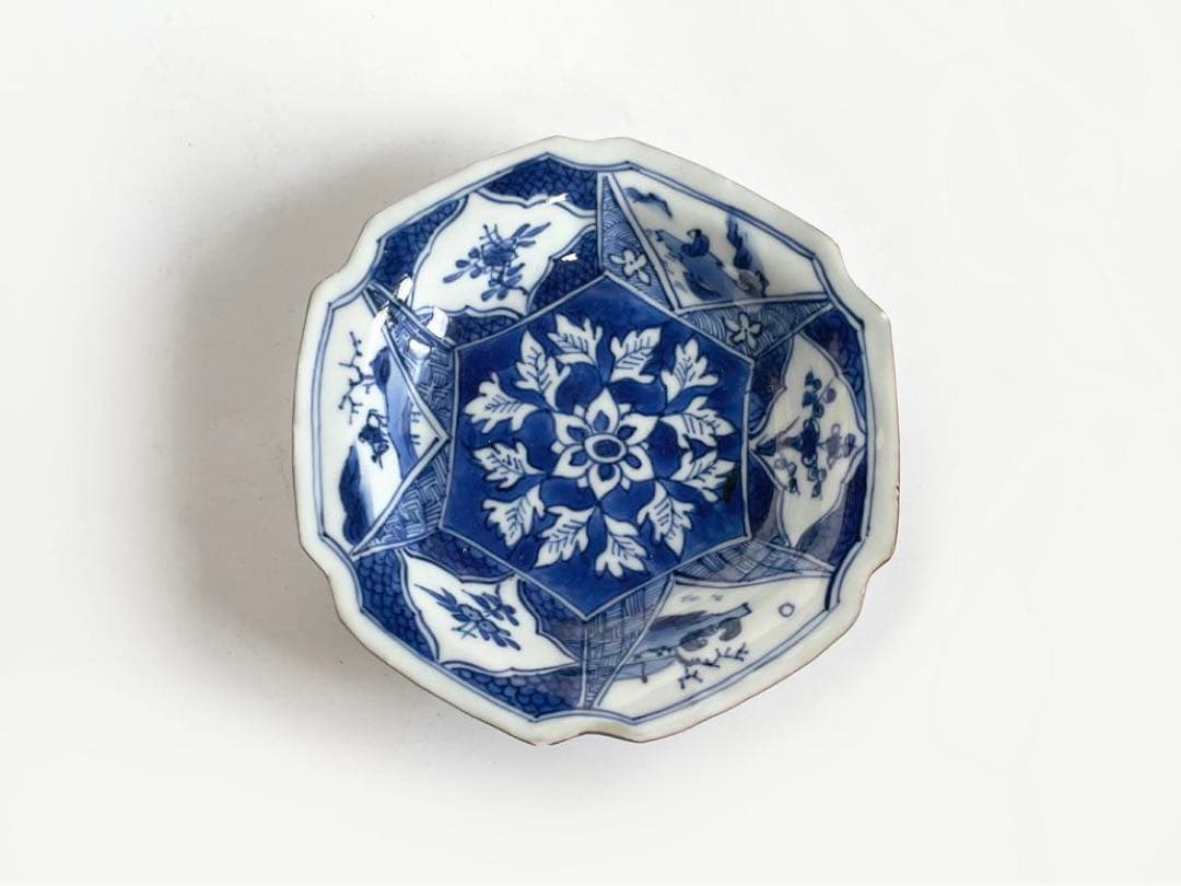 中国骨董　アンティーク　祥瑞　花文　輪花皿　六角隅入　五寸皿　小皿　角福　古染付