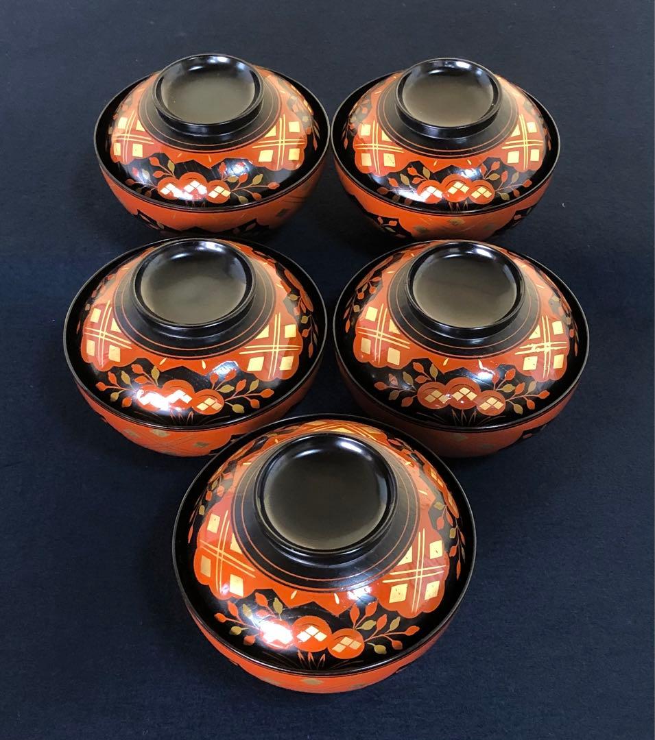 《R》正法寺蒔絵 煮物椀5客 葵春作 木製漆器 共箱　251208お4