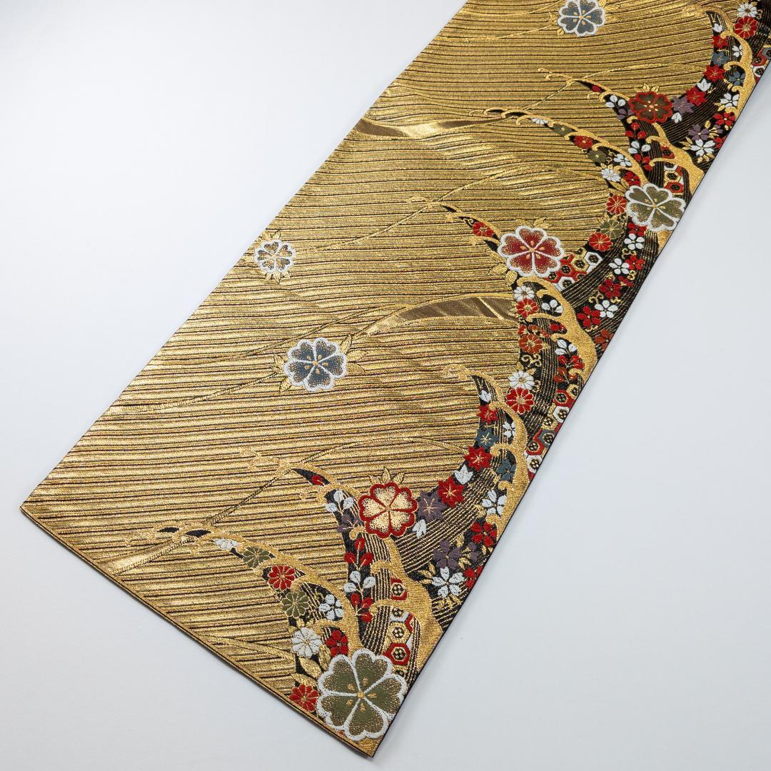 R7SK1329 振袖+帯 2点セット 花々 御所車 波 青緑 ゴールド 六通柄