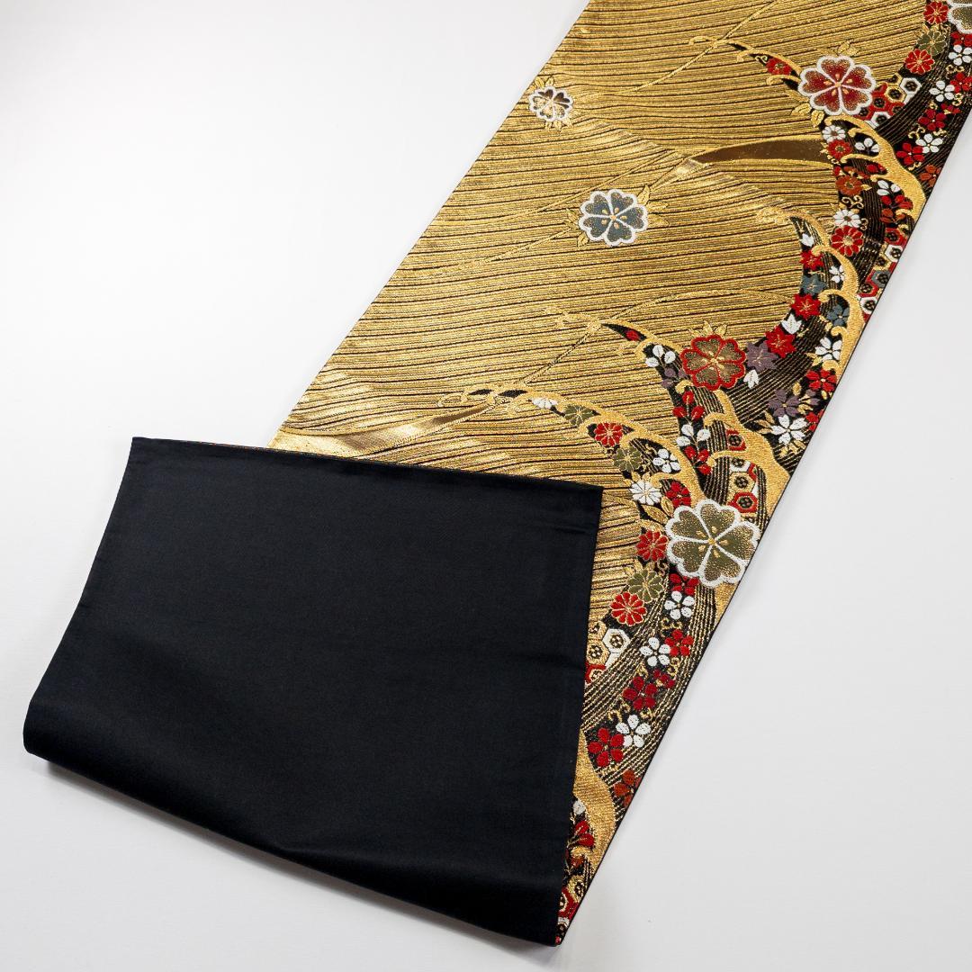 R7SK1329 振袖+帯 2点セット 花々 御所車 波 青緑 ゴールド 六通柄